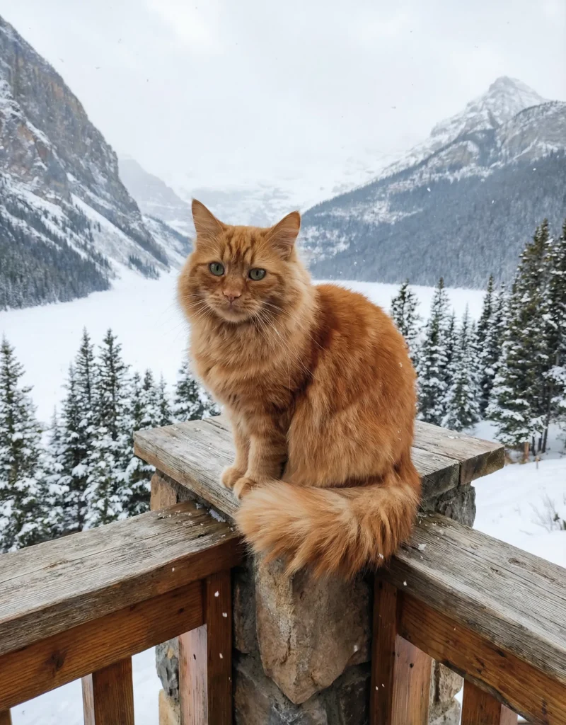 Portrait de Pumky, un chat roux à poil long, assis sur un balcon en bois avec des montagnes enneigées en arrière-plan.